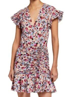 Veronica Beard Marla Ruched Floral Dress Short Flutter Sleeves Silk Blend Size 8